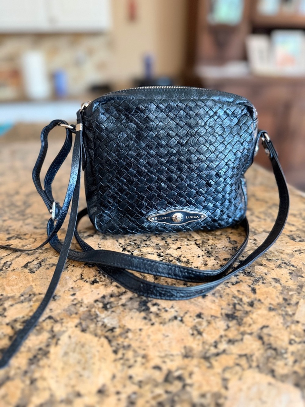 Elliott Lucca woven black leather crossbody bag